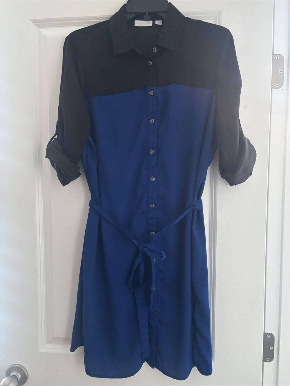 Black and Royal Blue Button-Front Shirt Dress